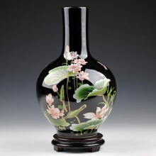 乌金釉荷花天球瓶 现代家居客厅酒柜博古架工艺品摆件 带旋转底座 天球瓶